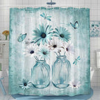 Rustic Farmhouse Teal Floral Shower Curtain, Sage Green Daisy Flowers Butterfly Dragonfly on Abstract Aesthetic Country Wooden Boho Shower Curtain Set, White Bathroom Accessory Sets with Hooks, 47X64