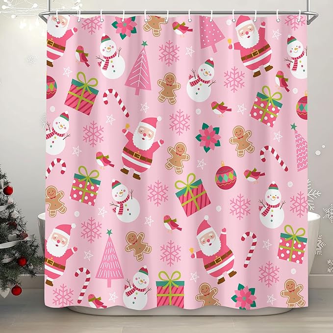 Pink Christmas Shower Curtain, Cartoon Santa Claus Snowman Penguin Pine Fir Tree Socks Xmas Pattern Winter Holiday Shower Curtain Bathroom Decor, Durable Fabric Machine Washable with Hooks, 72 x 72 In