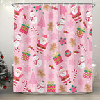 Pink Christmas Shower Curtain, Cartoon Santa Claus Snowman Penguin Pine Fir Tree Socks Xmas Pattern Winter Holiday Shower Curtain Bathroom Decor, Durable Fabric Machine Washable with Hooks, 72 x 72 In