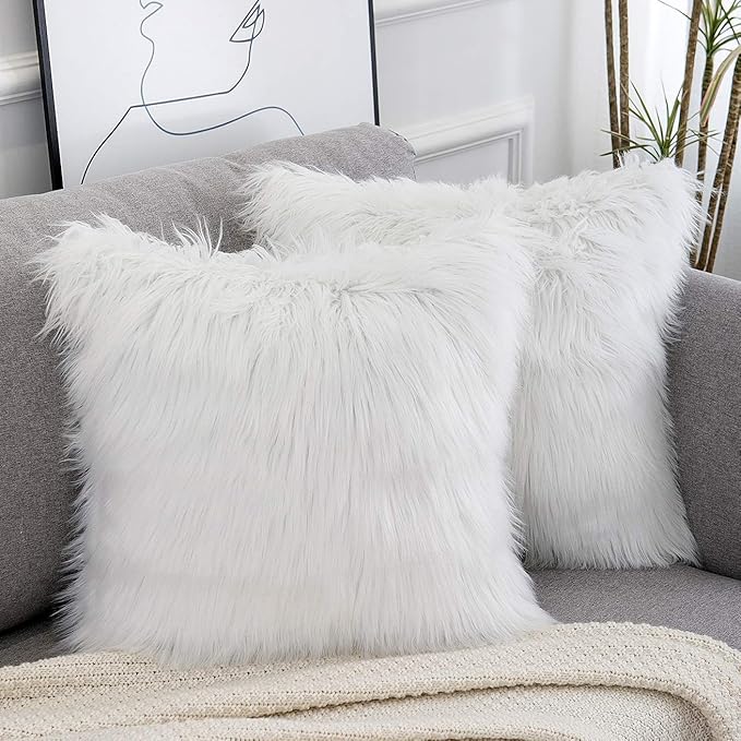 WLNUI Set of 2 White Christmas Decorative Fluffy Pillow Covers New Luxury Series Merino Style Faux Fur Throw Pillow Covers Square Fuzzy Cushion Case for Sofa Bedroom Living Room Home Decor 20x20 Inch