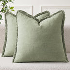 EMEMA Linen Fringe Throw Pillow Covers Set of 2 Boho Farmhouse Accent Decorative Pillowcase with Tassels for Couch Sofa Bed Living Room Home Decor 20x20 Inch,Sage Green
