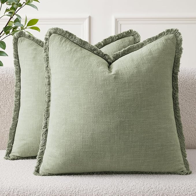 EMEMA Linen Fringe Throw Pillow Covers Set of 2 Boho Farmhouse Accent Decorative Pillowcase with Tassels for Couch Sofa Bed Living Room Home Decor 18x18 Inch,Sage Green