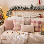 AQOTHES Pink White Plaid Winter Throw Pillow Covers 12x20 Inch Set of 2, Boucle Faux Fur Pillow Covers,Cozy Fluffy Home Living Room Farmhouse Decor for Sofa Couch Bed