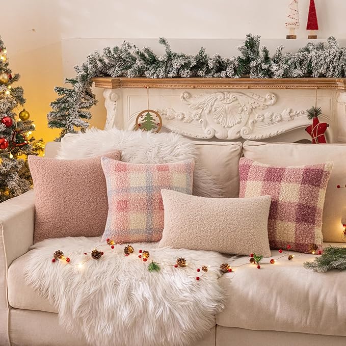 AQOTHES Pink White Plaid Winter Throw Pillow Covers 18x18 Inch Set of 2, Boucle Faux Fur Pillow Covers,Cozy Fluffy Home Living Room Farmhouse Decor for Sofa Couch Bed