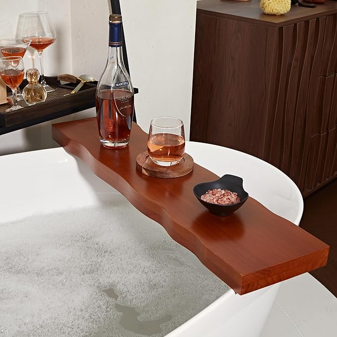 Wood Bathtub Caddy Tray, Anti-Slip Premium Wood Bathtub Tray, Waterproof Rectangle Bath Table with Waved Edge, Sturdy Organic Bath Board for Bathroom