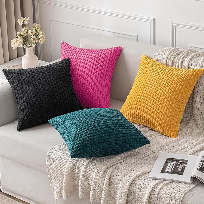 MIULEE Pack of 2 Decorative Throw Pillow Covers 18x18 Inch Soft Boho Striped Textured Corduroy Pillow Covers Modern Farmhouse Home Decor for Couch Bed Sofa Living Room Hot Pink