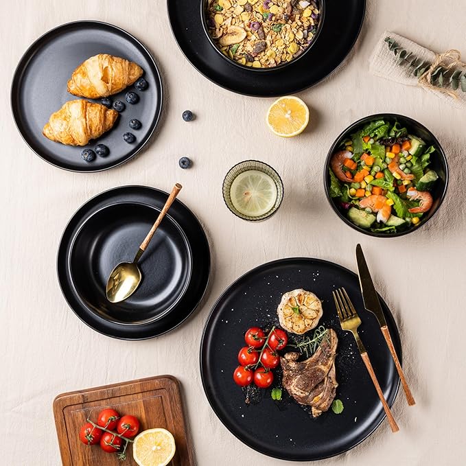 AmorArc Ceramic Dinner Plates Set of 6, Wavy Rim 10.5 Inch Stoneware Dish Set, Large Dinnerware Plates for Kitchen-Microwave&Dishwasher Safe, Scratch Resistant-Reactive Glaze Matte Black