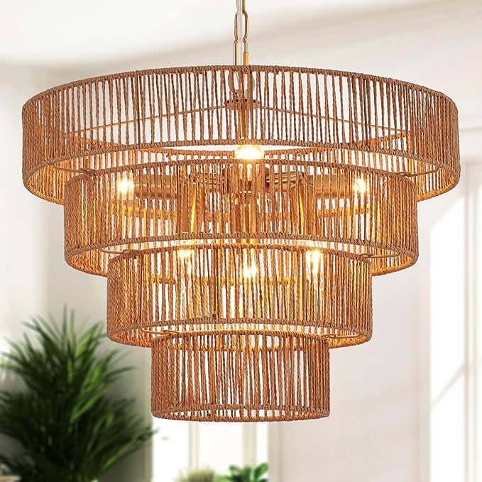 Boho Rattan Chandelier Farmhouse 6-Lights Hand-Woven Bamboo Chandelier Light Fixture Vintage Rustic Wicker Rattan Golden Chandeliers for Dining Room, Bedroom, Kitchen, Living Room, E12