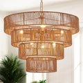 Boho Rattan Chandelier Farmhouse 6-Lights Hand-Woven Bamboo Chandelier Light Fixture Vintage Rustic Wicker Rattan Golden Chandeliers for Dining Room, Bedroom, Kitchen, Living Room, E12