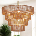 Boho Rattan Chandelier Farmhouse 6-Lights Hand-Woven Bamboo Chandelier Light Fixture Vintage Rustic Wicker Rattan Golden Chandeliers for Dining Room, Bedroom, Kitchen, Living Room, E12