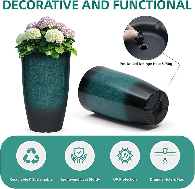 23.6" Set of 2 Tall Outdoor Planters, Gradient Turquoise Plastic Flower Pots, Weatherproof for Porch, Garden, Patio or Indoor Décor
