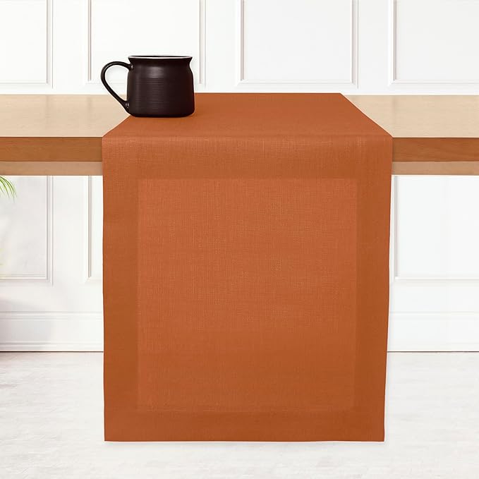 D'Moksha Homes Linen Rust Table Runner 90 Inches Long - 100% Pure Linen 14 x 90 Inch Table Runner for Dining, Fall and Halloween - Machine Washable