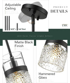 LMS 2-Pack Pendant Lights, 5 Inch Dia Industrial Linear Light Fixtures for Kitchen Island with Adjustable Rods, Medium Hanging Lamp with Hammered Glass, LMS-171PL-BKM-2PK