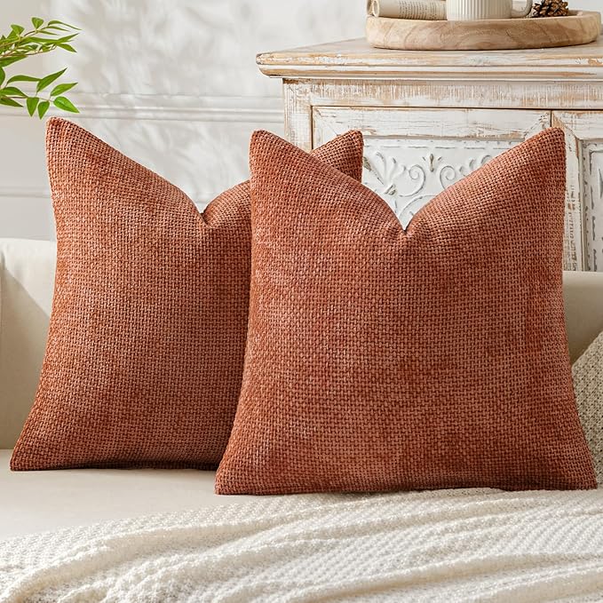 MIULEE Pack of 2 Fall Rust Decorative Pillow Covers 18x18 Inch Soft Chenille Couch Throw Pillows Farmhouse Cushion Covers for Home Decor Sofa Bedroom Living Room