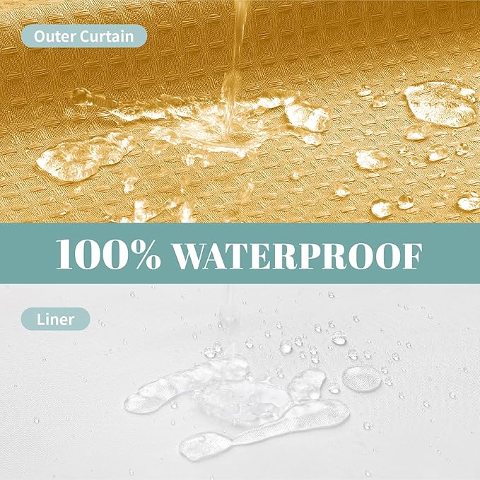 Gold No Hook Waffle Weave Shower Curtain with snap-in Liner Replacement, 230GSM Waterproof Fabric Hotel Shower Curtain Set for Bathroom, Through Mesh Top Window,71Wx77H