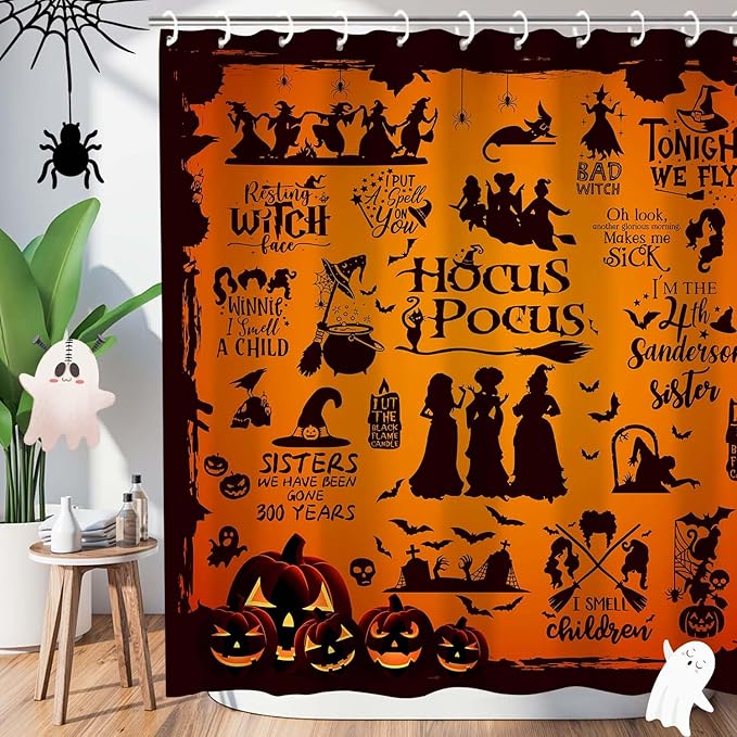 Metawu Halloween Shower Curtain Witch Shower Curtains Sets Witch Bat Spider Web Bathroom Curtain for Kids Waterproof Bathtubs Curtain 72"×72" with 12 Hooks Bathroom Decor
