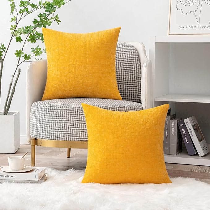 MIULEE Pack of 2 Couch Throw Pillow Covers 18x18 Inch Soft Goose Yellow Chenille Pillow Covers for Sofa Living Room Solid Dyed Pillow Cases