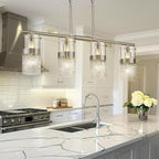LMS 4-Light Brushed Nickel Island Chandelier Lights for Kitchen, Mid Century Pendant Light with Hammered Glass Shade, Farmhouse Dining Room Light Fixture, Kitchen Island, LMS-171BN-4