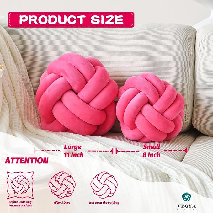 Round Knot Plush Cushion, 11 Inch Decorative Throw Pillows for Bedroom, Sofa, Couch - Modern Designs in Hot Pink
