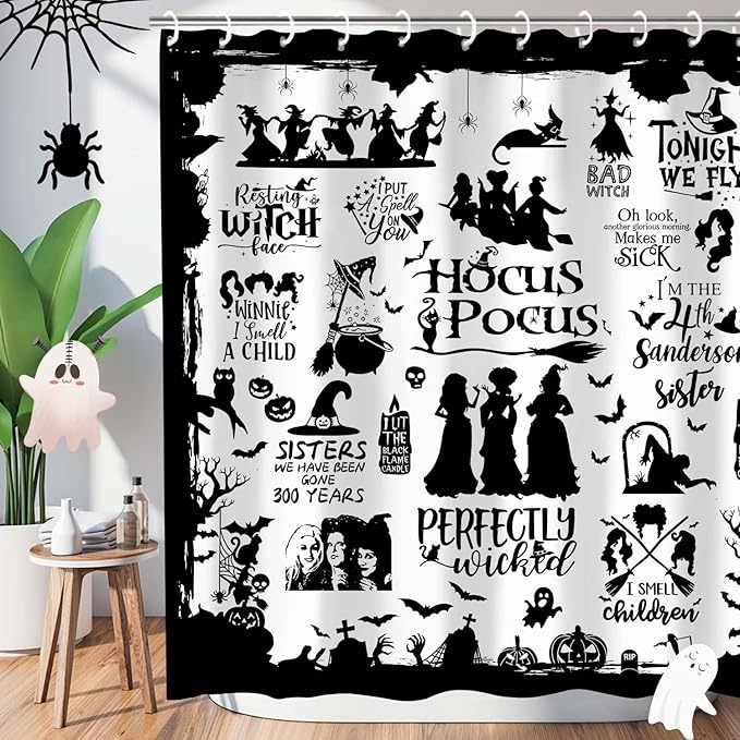 Metawu Halloween Shower Curtain Witch Shower Curtains Sets Witch Bat Spider Web Bathroom Curtain Waterproof Bathtubs Curtain 72"×72" with 12 Hooks Bathroom Decoration