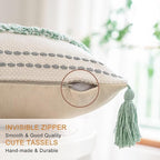 Boho Throw Pillow Covers 20x20 Set of 2 Woven Tufted Farmhouse Pillows Cover with Tassels Textured Striped Cushion Case Neutral Pillow Cases Decorative Pillowcase for Sofa, Couch, Bed, Light Green