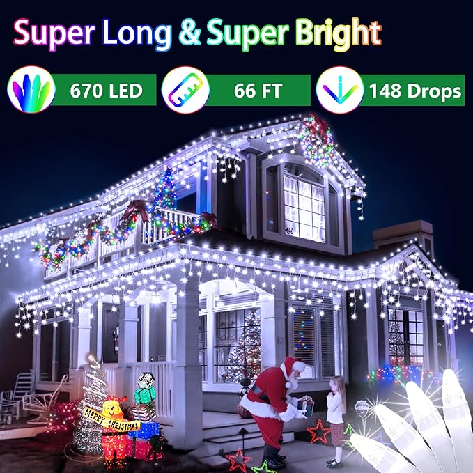 66FT 670 LED Christmas Lights 148 Ice Drops, 12 Modes and Timer Memory Dimmable, Plug In Outdoor Waterproof Hanging String Light for Holiday Wedding Garden Fence House Tree Outside Decor (Cool White)