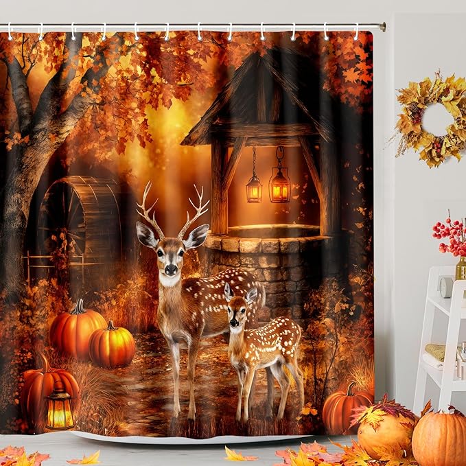 Rustic Fall Shower Curtain Deer Bathroom Curtain, Country Autumn Farmhouse Pumpkin Thanksgiving Harvest Shower Curtains Halloween Holiday Bathroom Decorative With Hooks, Fall Bath Accessories 72"X72"