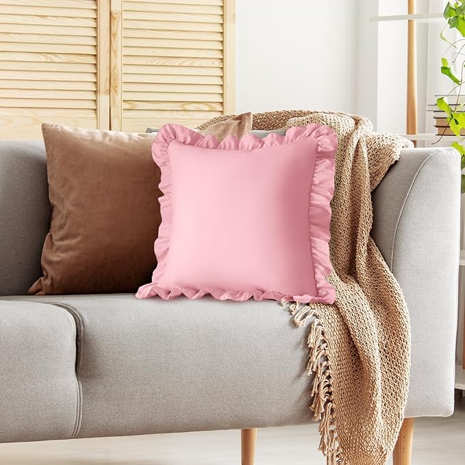 KKJIAF Ruffle Pillow Cases 26x26 Inches, Light Pink Square Ruffled Pillow Covers Set of 2, Microfiber Wrinkle Resistant Pillow Shams with Envelope Closure for Sofa Bed Living Room