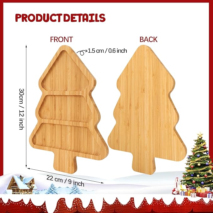 TJ POP Christmas Tree 3-Compartment Serving Platter - 12” x 9” Snack & Dessert Wooden Food Tray, Natural Bamboo Serving Tray Cute Charcuterie Board for Holiday Parties, Cheese, Fruits, Candy Display