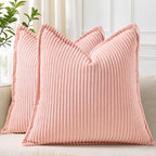 decorUhome Corduroy Pink Throw Pillow Covers 26x26 Set of 2 Decorative Soft Boho Farmhouse Euro Couch Pillow Covers for Living Room Bed Sofa Broadside Striped Pillow Cases