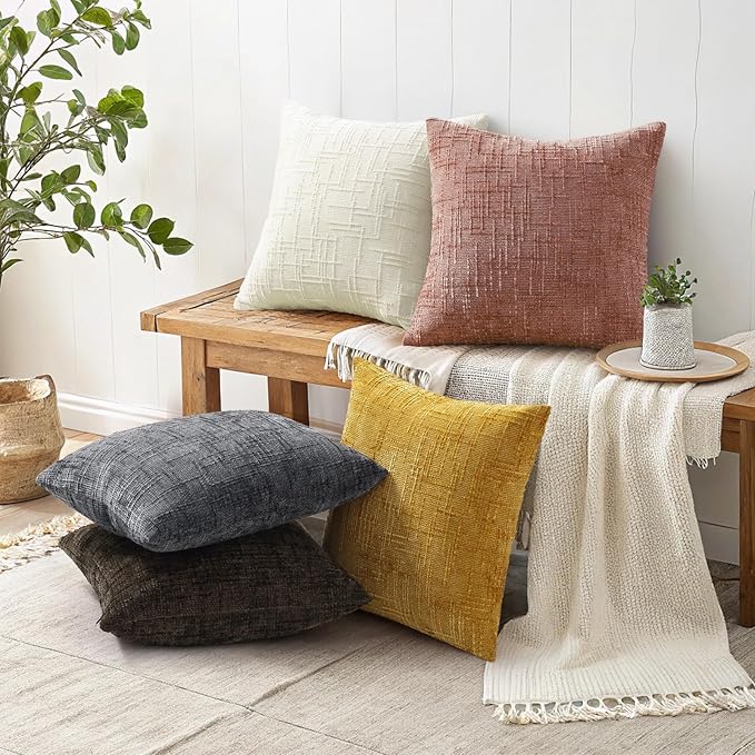 decorUhome Pink Chenille Throw Pillow Covers 18x18 Set of 2 Thick Textured Slubby Couch Pillow Covers Farmhouse Accent Modern Neutral Decorative Pillow Cases for Bed Sofa Living Room