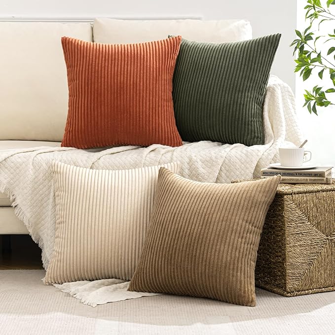 MIULEE Pack of 4 Rust-Olive Green Corduroy Decorative Throw Pillow Covers 16x16 Inch Soft Boho Striped Pillow Covers Modern Farmhouse Home Decor for Winter Sofa Living Room Couch Bed