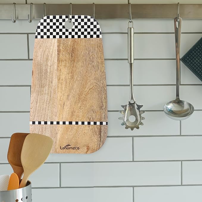 Mango Wood Oval Cutting Board Chopping Board, Cheese Board, and Charcuterie - Decorative Wooden Serving Board for Kitchen and Dining Room (Checkered Oval, 14x8 Inches)