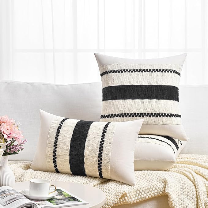 Fancy Homi Set of 2 Boho Black Euro Decorative Throw Pillow Cover 26x26 Inch for Couch Bed Bedroom, Aesthetic Modern Organic Farmhouse Room Decor, Soft Cotton Accent Macrame Woven Cushion Case