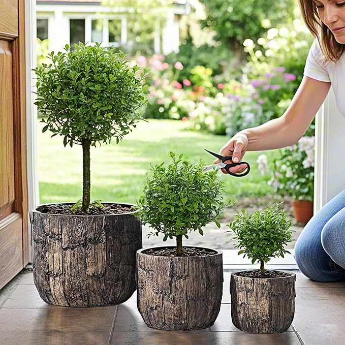 Yundu Concrete Planter Set of 3, 14.5 & 12.6 & 9.8 inch Plant Pot. Vintage Style Woodgrain Concrete Planter with Drainage Holes, Suitable for Home, Garden and Other Indoor and Outdoor décor