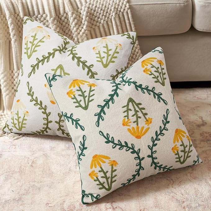 Adabana Embroidered Pillow Cover Set of 2 Farmhouse Decorative Floral Throw Pillow Covers 18x18 inch for Couch Sofa Bed Living Room Decor Green and Yellow