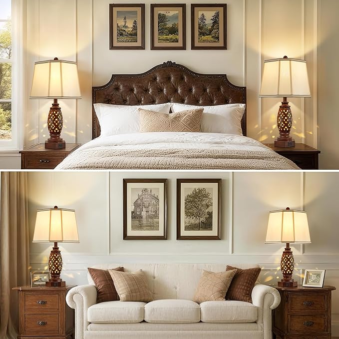 Bedside Lamps Set of 2-23.5" Vintage Table Lamp with USB A+C and Nightlight - Brown Carved Resin Farmhouse Desk Lamp for Bedrooms, End Tables, Living Room, Bulbs Included