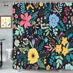 Boho Floral Shower Curtain, Colorful Flower Leaves Design for Bathroom Decor, Modern Rustic Country Wildflower Black Fabric Shower Curtains Set with Hooks, 72x72 Inches