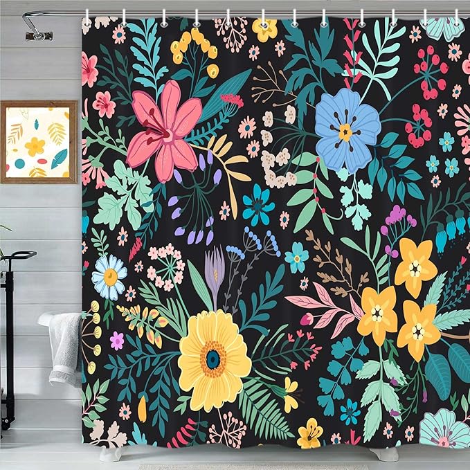 Boho Floral Shower Curtain, Colorful Flower Leaves Design for Bathroom Decor, Modern Rustic Country Wildflower Black Fabric Shower Curtains Set with Hooks, 72x72 Inches