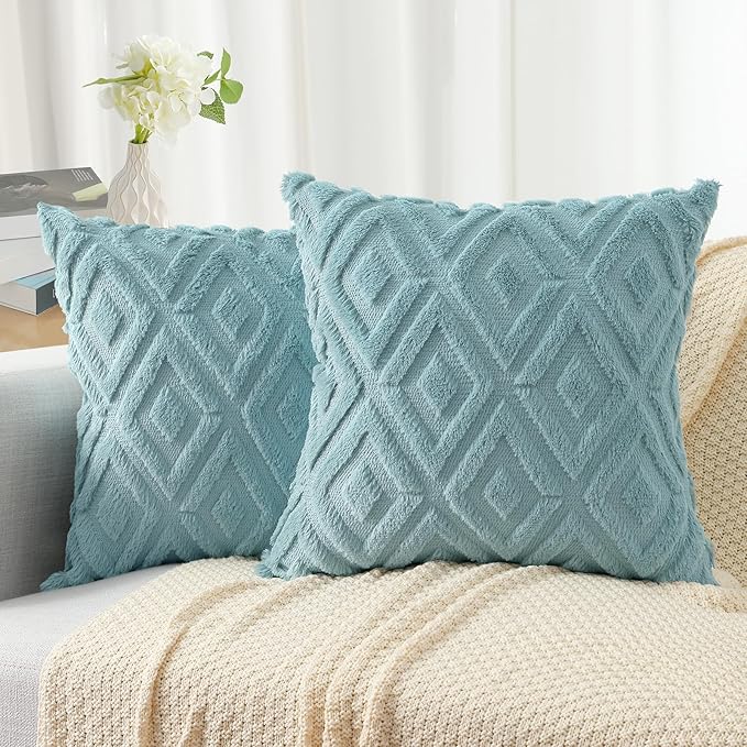 Pallene Light Teal Throw Pillow Covers 18x18 Set of 2, Soft Plush Faux Fur Decorative Couch Pillow Covers for Sofa Bed Living Room Pillow Cases with 3D Diamond Pattern