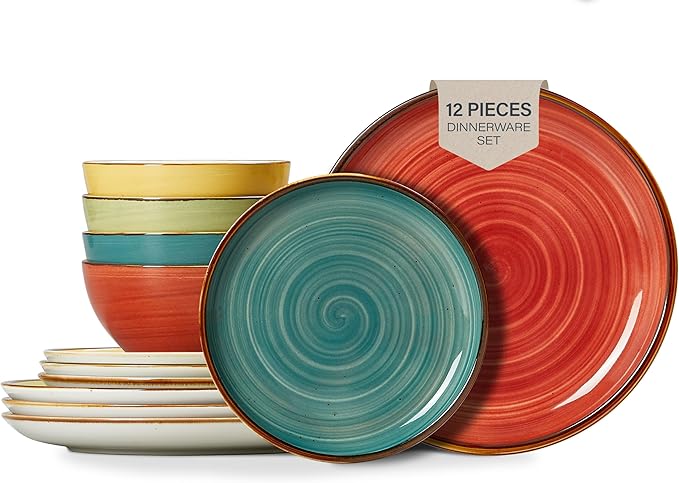 ONEMORE Plates and Bowls Set - Microwavable, Oven & Dishwasher Safe Porcelain Dinnerware Set - Scratch Resistant, Ceramic Dishware for 4(12pcs) - Assorted Colors