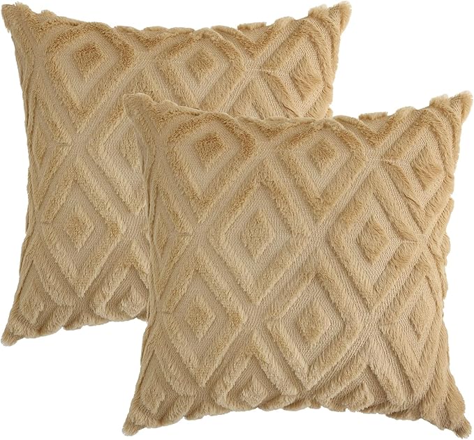 Pallene Light Khaki Throw Pillow Covers 22x22 Set of 2, Soft Plush Faux Fur Decorative Couch Pillow Covers for Sofa Bed Living Room Pillow Cases with 3D Diamond Pattern
