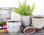 VanEnjoy 5.9 inch Round Bohemian Style Ceramic Planter, Geometry Engrave Off White Brown Planter Flower Pot, Indoor Outdoor Decorative Planter