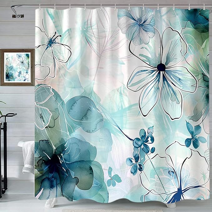 Sanzugh Teal Floral Shower Curtain, Boho Emerald Sage Hunter Olive Green Blue Abstract Flowers Art Cute Fabric Shower Curtains Set for Bathroom Decorative with Hooks 72 X 72 inch Spring Bath Decor