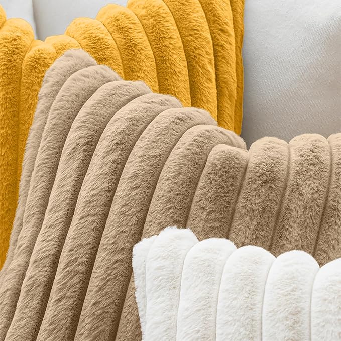 MIULEE Faux Fur Decorative Throw Pillow Covers 18x18 Inch Set of 2, Modern Spring Home Decor Soft Plush Couch Pillows Cozy Fluffy Cushion Covers for Sofa Khaki