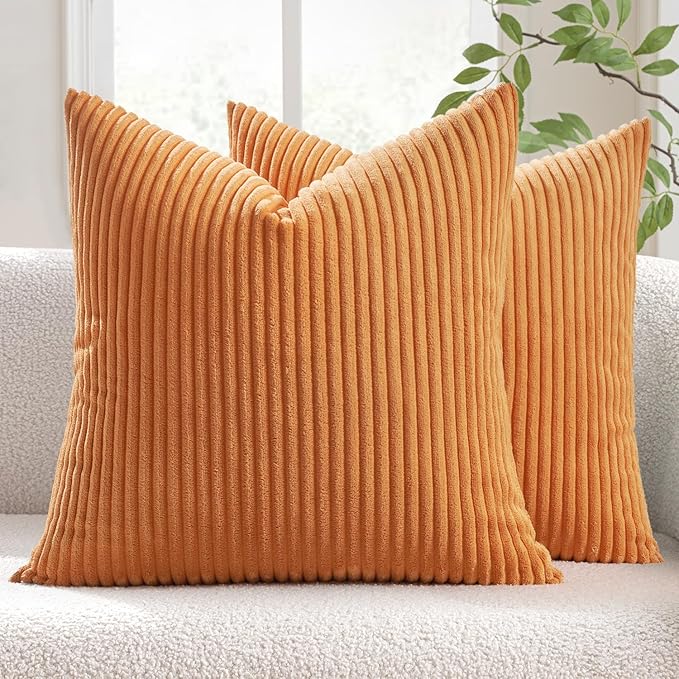 MIULEE Pack of 2 Burnt Orange Pillow Covers 20x20 Inch Soft Striped Corduroy Fall Throw Pillow Covers Set Decorative Square Cushion Cases Pillowcases for Sofa Bedroom Couch