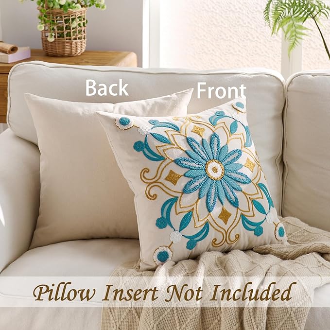 Embroidered Throw Pillow Cover 22x22 Classic Boho Floral Pattern Pillows Cover Outdoor Decorative Pillowcase,Durable Cozy Textured Cushion Case for Sofa Couch Bed Living Room,Teal
