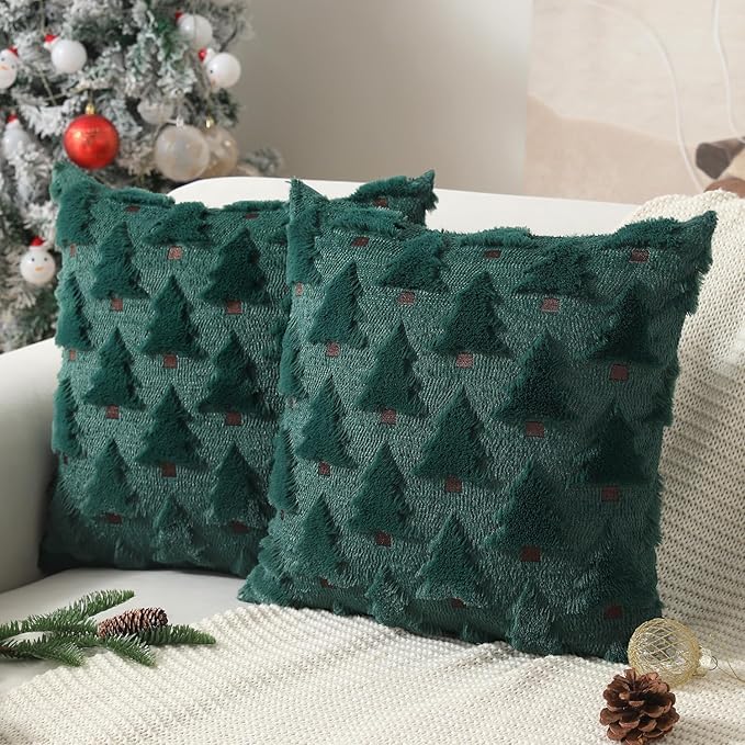 Christmas Pillow Covers 18x18 inch Set of 2 Xmas Decorations Soft Plush Faux Fur Wool Green Christmas Tree Throw Pillow Cases Winter Holiday Decor for Sofa Living Room PT-002A18