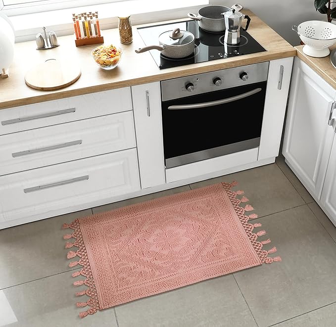 Savi Home Cotton Woven Jacquard Bathroom Rug Set of 2, Woven Fringe Bathroom Mats, 100% Cotton, Non - Slip Bath Mat, Durable Thick Bath Mat 17”x30”& 20"x38" with Fringes, Baby Pink