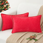 decorUhome Christmas Chenille Soft Throw Pillow Covers 12x20 Set of 2, Lumbar Velvet Farmhouse Neutral Decorative Euro Pillow Covers with Stitched Edge for Couch Sofa Bed Home Decor, Christmas Red